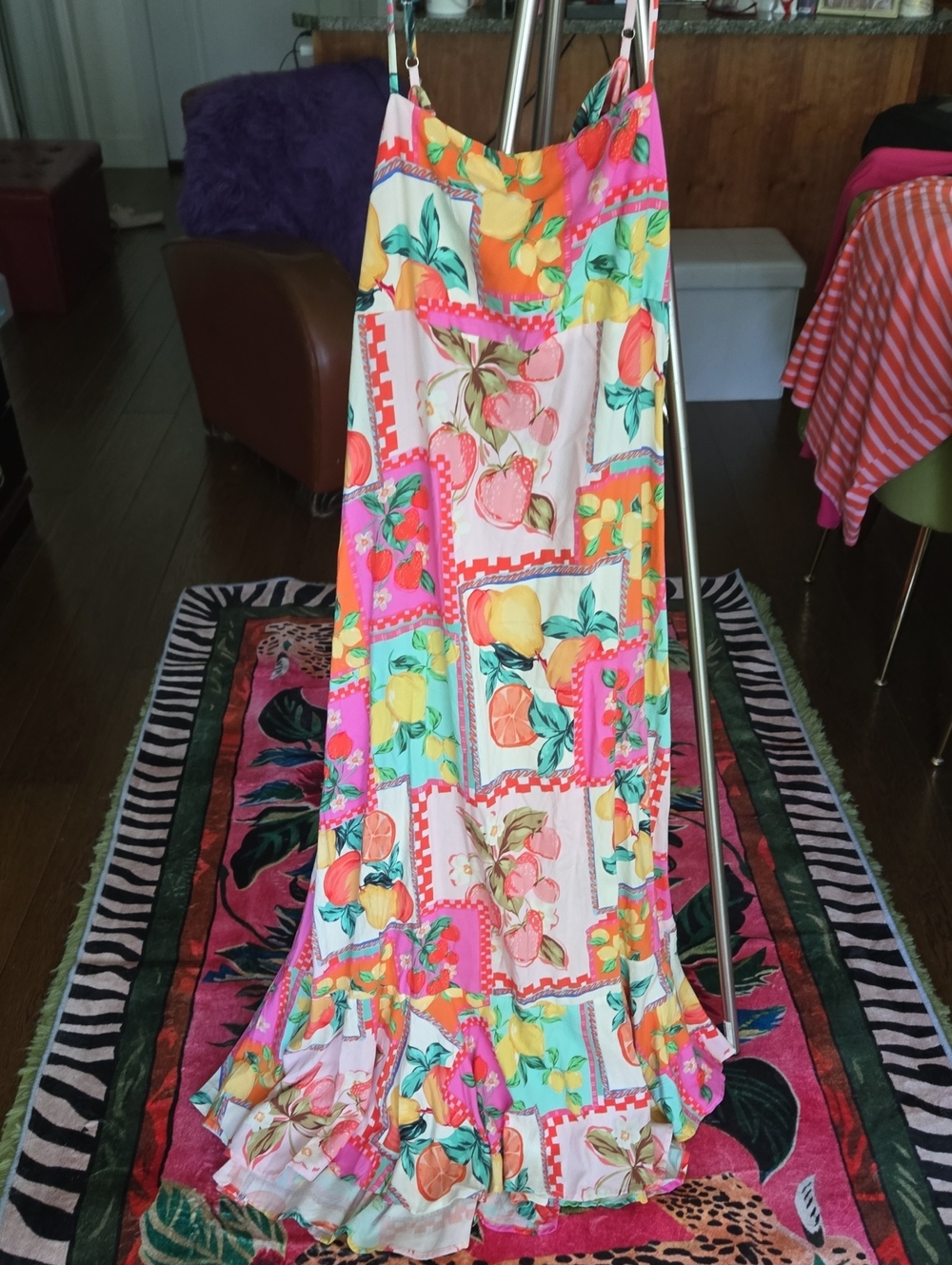 Alot Like Farm Rio Bright Multi-Color Fruit Print Maxi Skirt